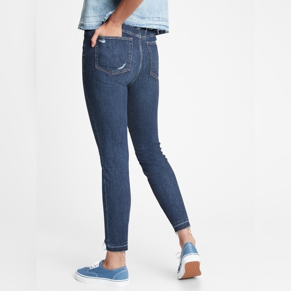 Gap True Skinny Sky High Ankle Jeans Hi Rise Raw Hem Frayed Stretchy Dark Wash - Picture 4 of 13